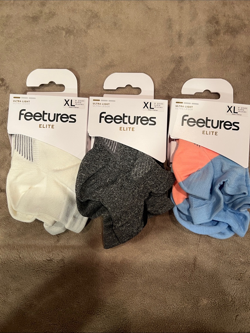 Feetures Elite Ultra Light Men's Athletic Socks - White, Gray & Blue- XL -3 Pack